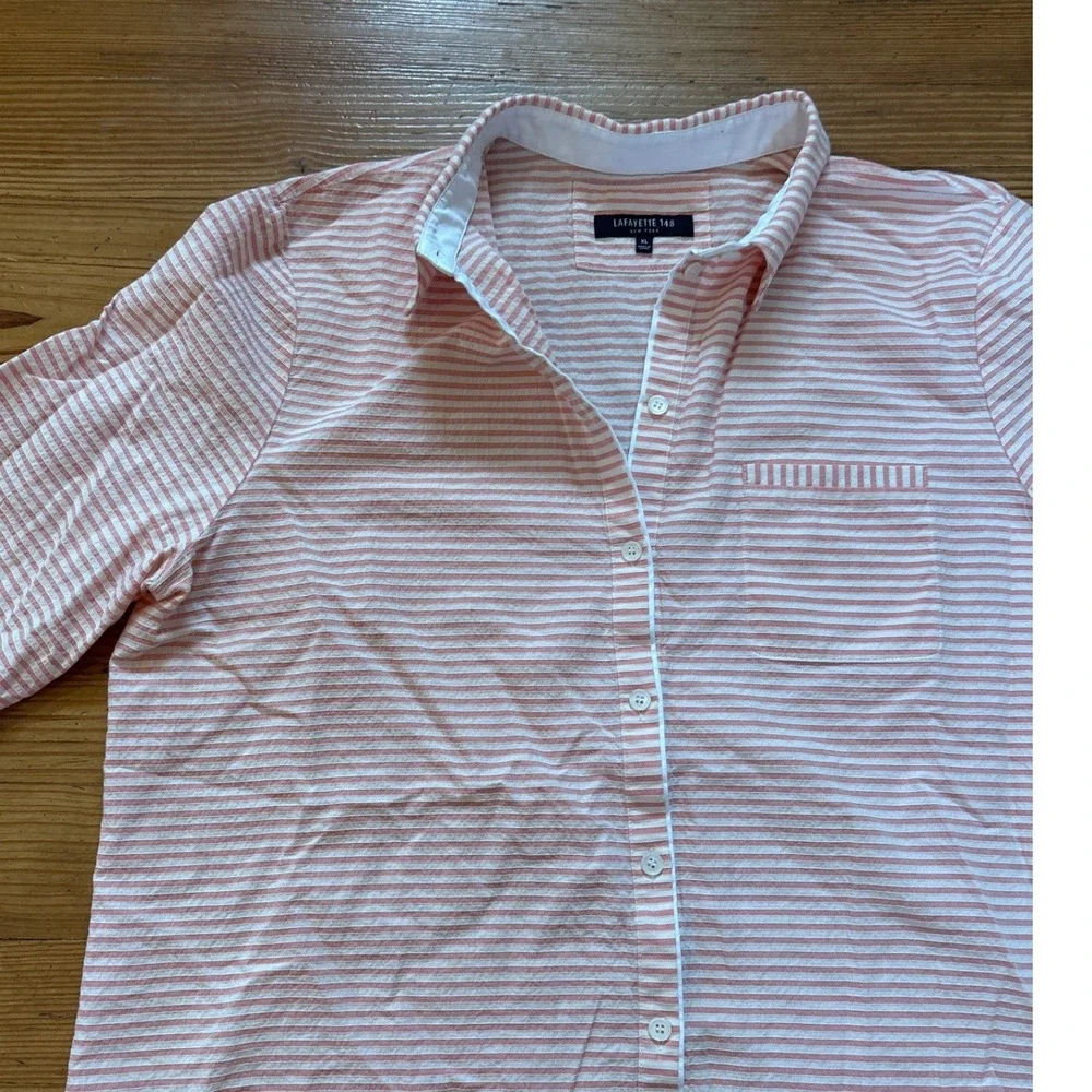 Lafayette 148 Shirt Women Pink Striped Button Down 3/4 Sleeve SIZE XL - Picture 2 of 5